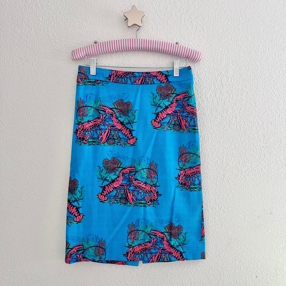 J. Crew No. 2 Blue Pencil Skirt in Lobster Print Grass Cloth Size 2